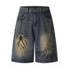 Men's Retro Distressed Hand-Painted Spider Denim Shorts - Loose Fit, Blue, Summer Straight-Leg Style