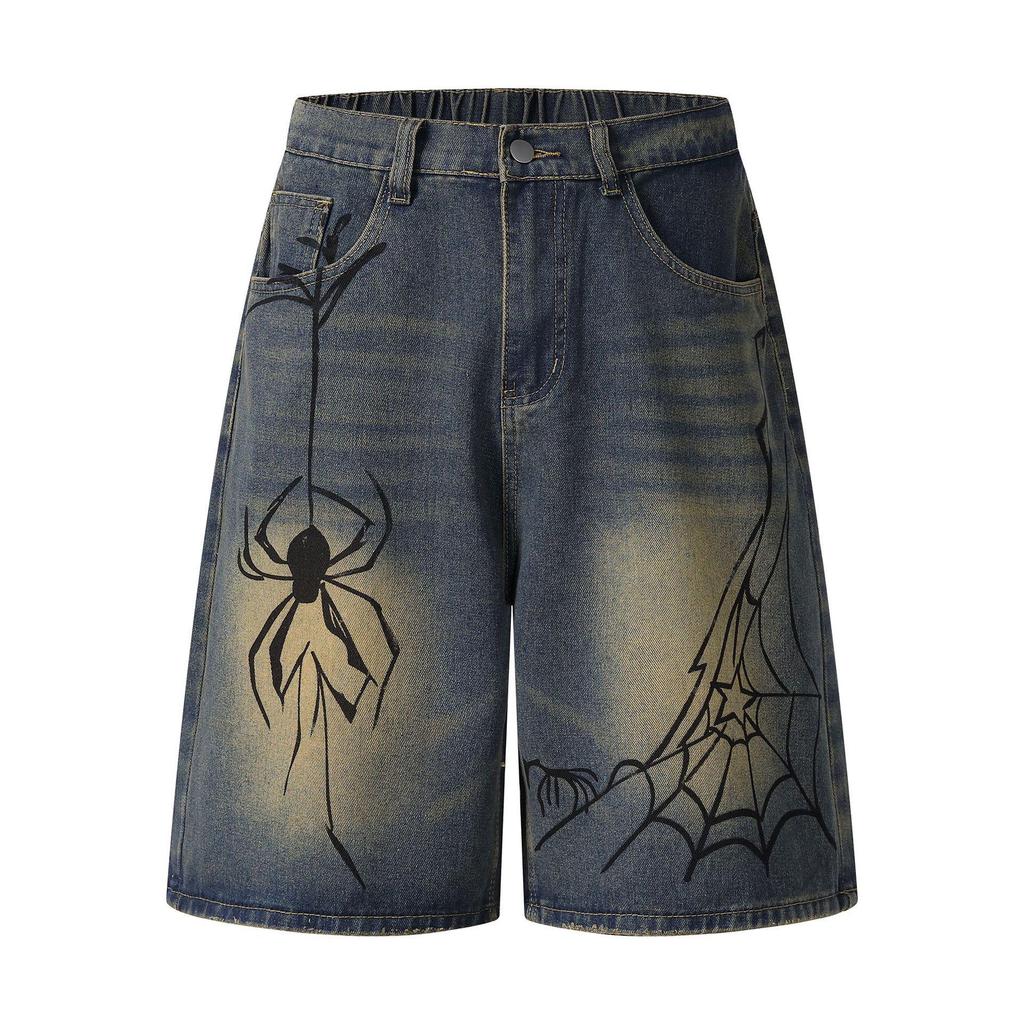 Men's Retro Distressed Hand-Painted Spider Denim Shorts - Loose Fit, Blue, Summer Straight-Leg Style