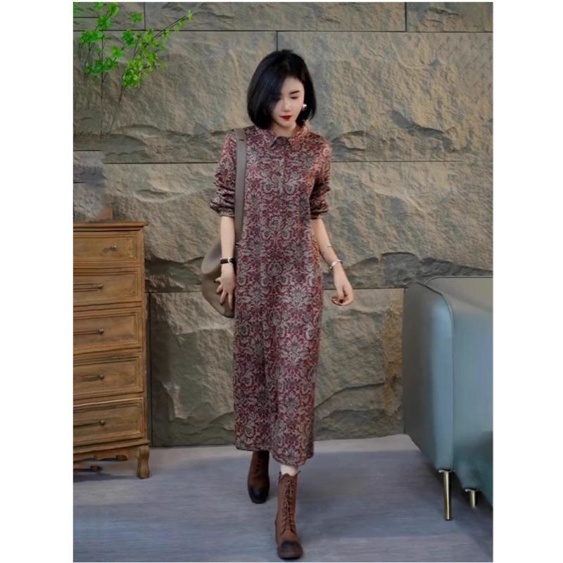 Premium Retro Printed Lapel Cotton and Linen Dress 2025 Spring New Loose Foreign Versatile Shirt Long Dress