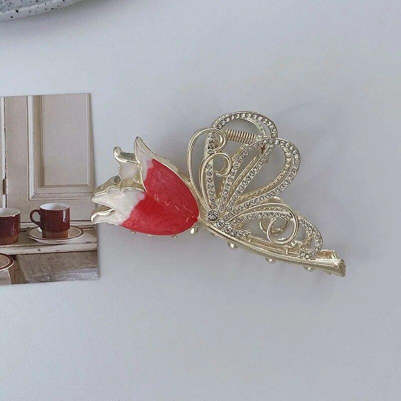 Винтажные бархатные когти для волос с красной розой для женщин, роскошные металлические зажимы, заколки для волос, заколки для волос, новые аксессуары для волос со стразами, головные уборы