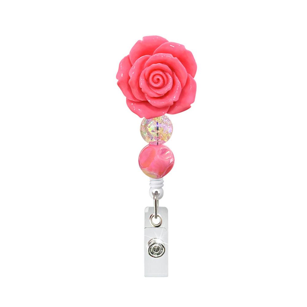 Roses Beaded 360° Rotation Retractable Badge Reel Nurse Display Id Name Card Badge Holder Anti-Lost Clip Valentine's Day GiftS