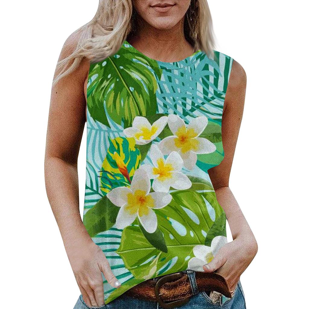 Женская повседневная футболка без рукавов с круглым вырезом и гавайским принтом