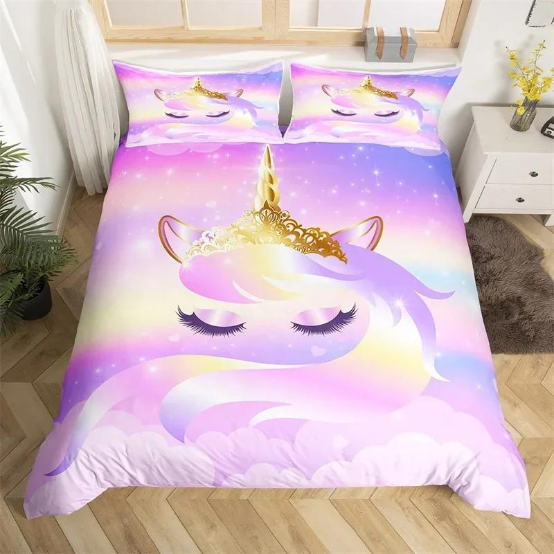 Cartoon Unicorn Duvet Cover Set Smile Eyelash King Bedding Set For Girls Woman Microfiber Mermaid Scale Floral Comforter Cover