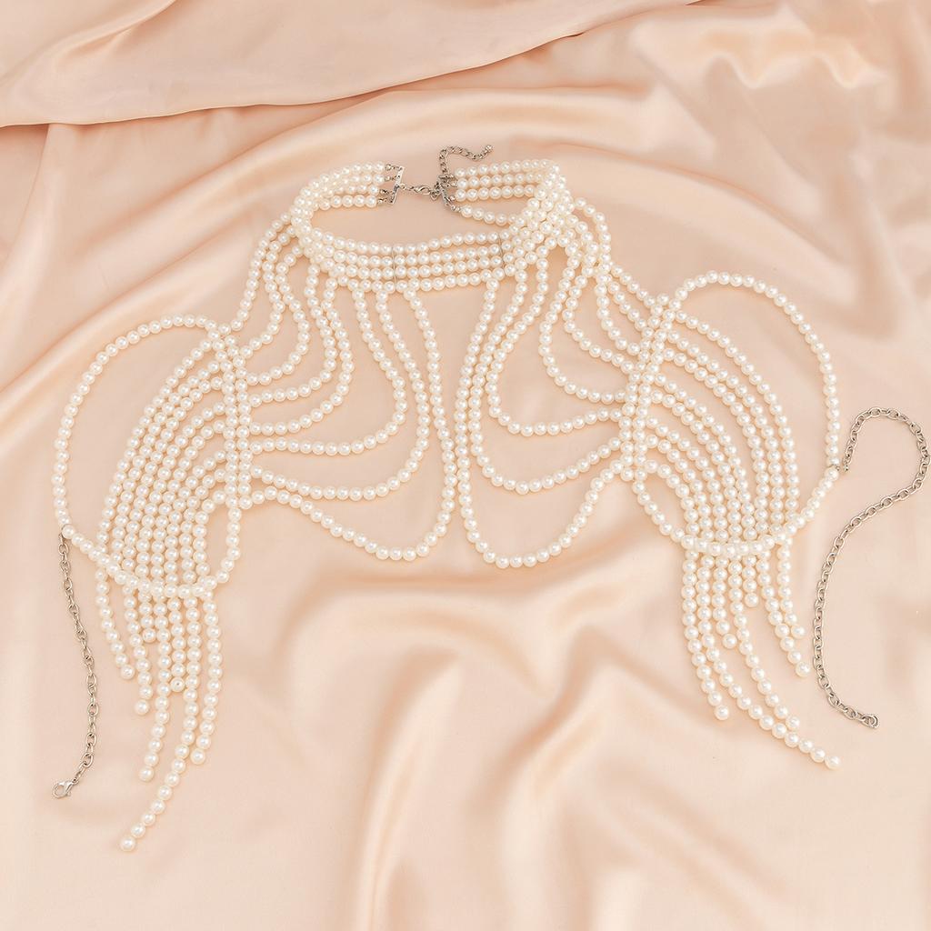 Ingemark Elegant Multilayer Imitation Pearl Shoulder Chain Necklace for Women Wed Bride Goth Tassel Neck Rave Party Body Jewelry