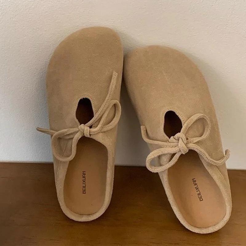 Модные женские туфли с бантом на плоской подошве Мюли Туфли Тапочки Осенняя мода Повседневная обувь Женская 2024 Трендовая обувь для ходьбы Сандалии Уютное платье Mujer Zapatos