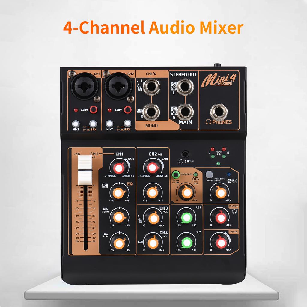 Audio Mixer Portable 4-Channel DJ Mixer Console Mini Sound Mixing Board with USB BT 48V Phantom