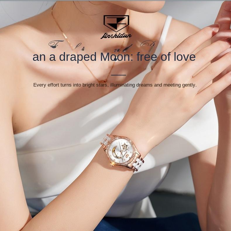 JINSHIDUN брендовые автоматические механические часы Star Moon Hollow, модные механические женские часы, женские часы