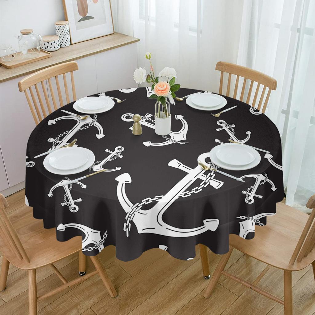 White Anchor Black Background Round Table Cloth Festival Dining Waterproof Tablecloth Table Cover For Wedding Party Decor