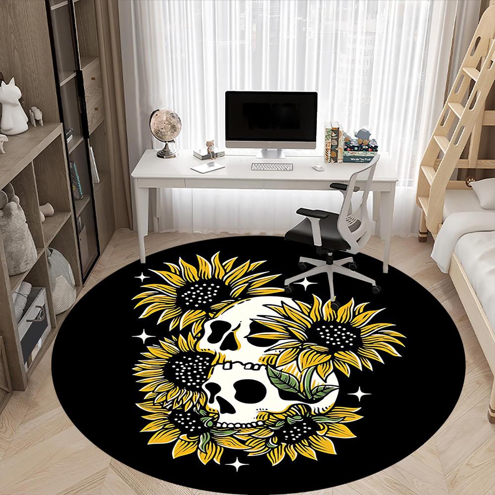 1pc Skull Sunflowers Office Round Area Rug, Indoor Mat Suitable For Office, Under Office Chairs Bedroom Living Room Home Decor, Room Deco