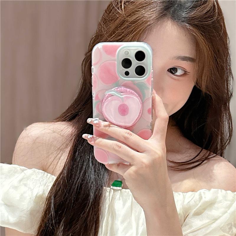 Summer Cute Peach Magnetic Stand Phone Case For iPhone 16 Pro 15 14 13 Pro Max Cover with Magsafe Holder Girp Shockproof Cases