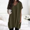 Womens Tops V-neck Short Sleeve Blouses Casual Mid-length Shirts Fashion Print Tunic Tops With Pockets