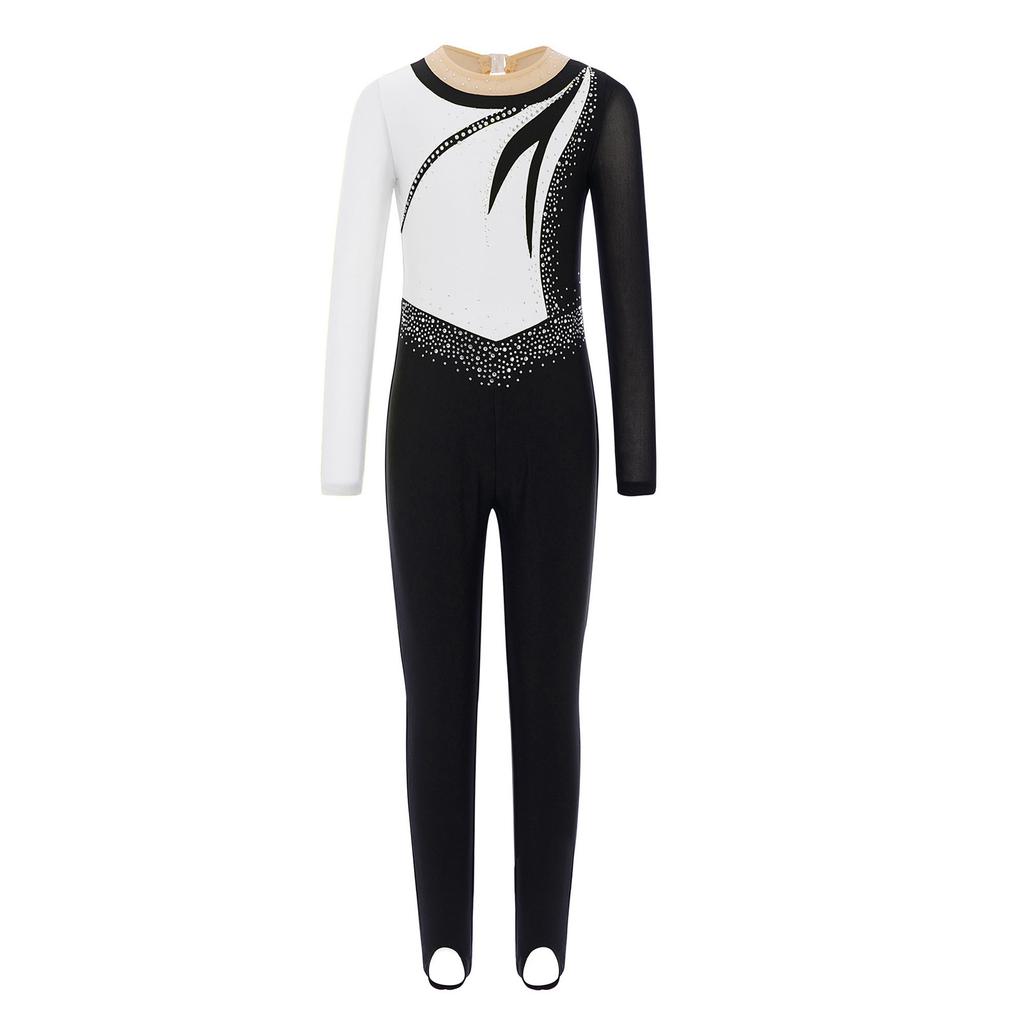 Girls Mesh Long Sleeves Keyhole Back Shiny Rhinestones Color Block Dance Jumpsuit Gymnastics Performance Costume