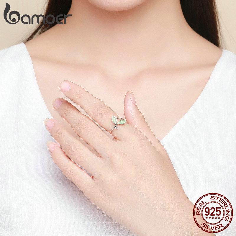 BAMOER 925 Sterling Silver Hope Green Tree Leaves Tree Buds Female Finger Rings