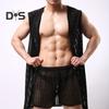 Men Sexy Hooded Nightgown Sleeveless Solid Color Hollow Out Mesh Summer Loungewear Lace-up Night Robe Homewear