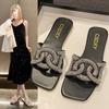 New Slippers Rhinestone Women Sandals Square Head Large Size Flats Slippers Sho