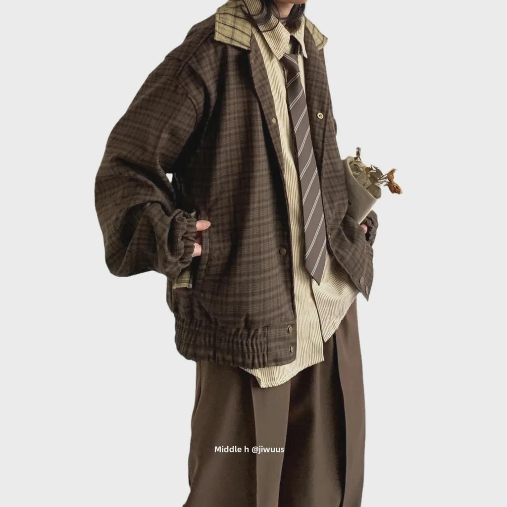 Куртка унисекс в стиле ретро с вышивкой в клетку - осенняя свободная посадка с повседневными лацканами