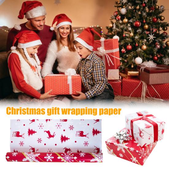 1 Rolls Double-Sided Christmas Gift Wrap Paper Large Wrapping Paper with Tree Snowflake Reindeer Patterns Holiday Gift Packaging Supplies