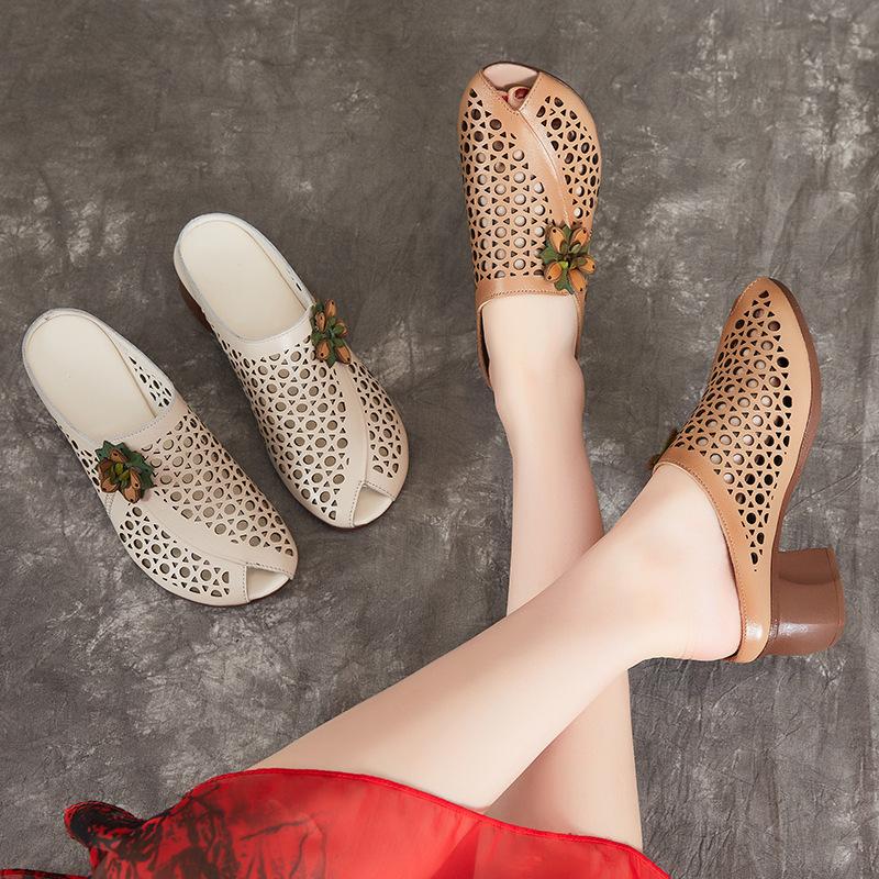 Летняя женская обувь в этническом стиле, толстый каблук, мягкая подошва, сандалии из коровьей кожи