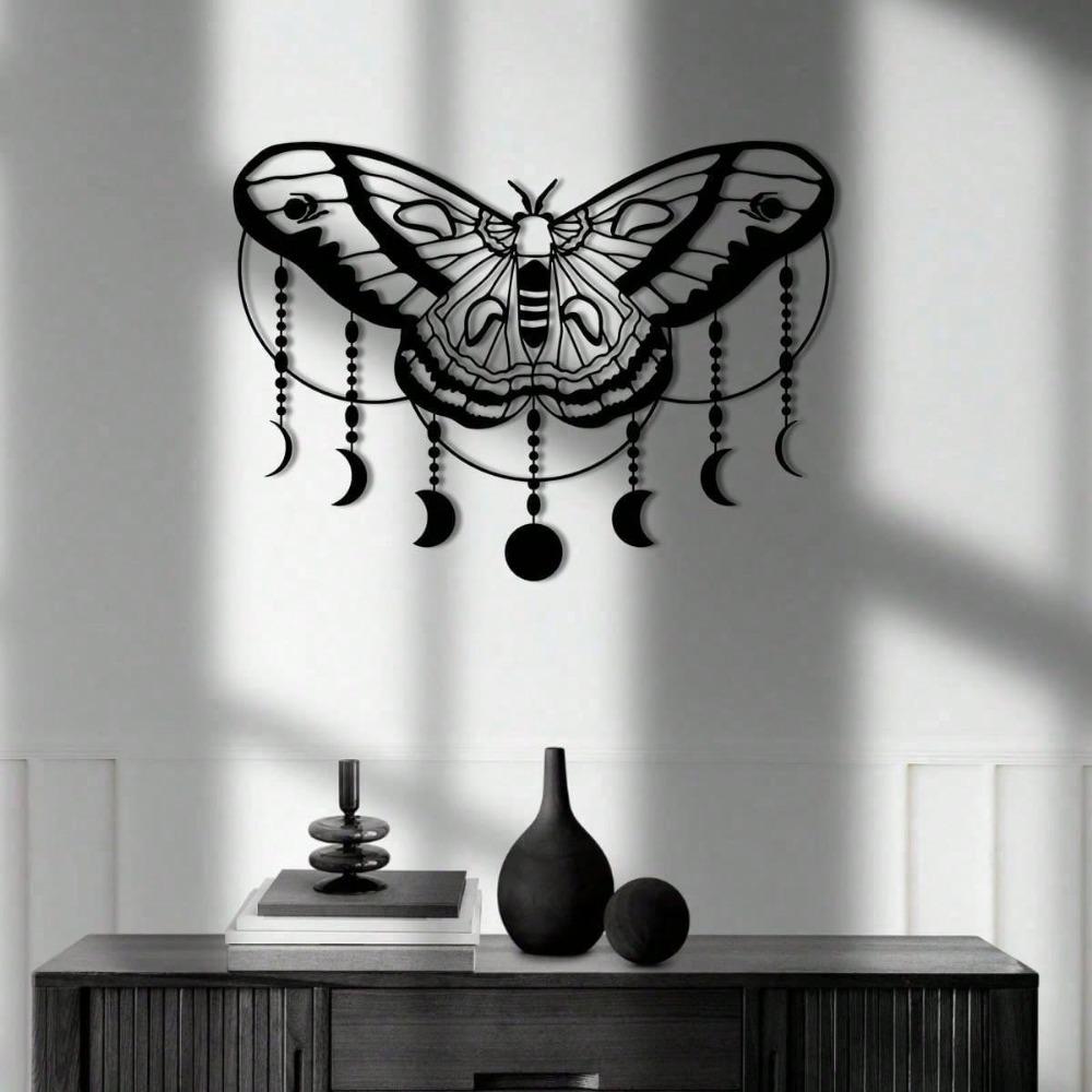 1pc Moth Moon Metal Wall Decor, Witch's Magic Atmosphere, Halloween Decoration Art, Combination Of Moon Phases And Moth Design