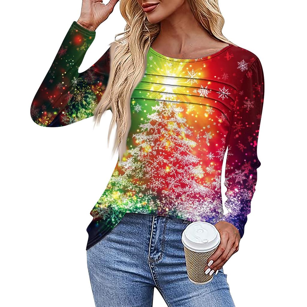 Ladies' Casual Fashion Printed Round Neck Long Pleated T-shirt Top Christmas