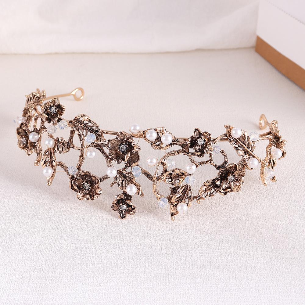 Baroque Vintage Bridal Crown Flower Leaf Rhinestone Handmade Beaded Headdress Wedding Dress Accessories Hair Accessories