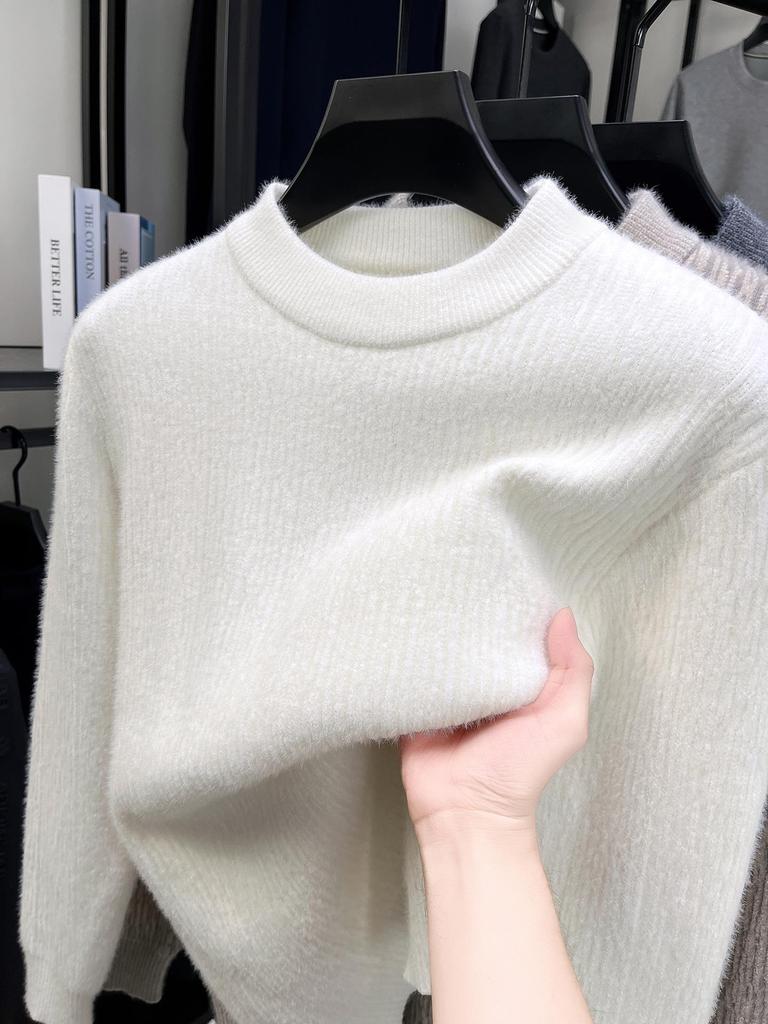 Men's Ferret Velvet Knit Fleece Pullover: Warm Round Neck Casual Fashion Base Layer Sweater