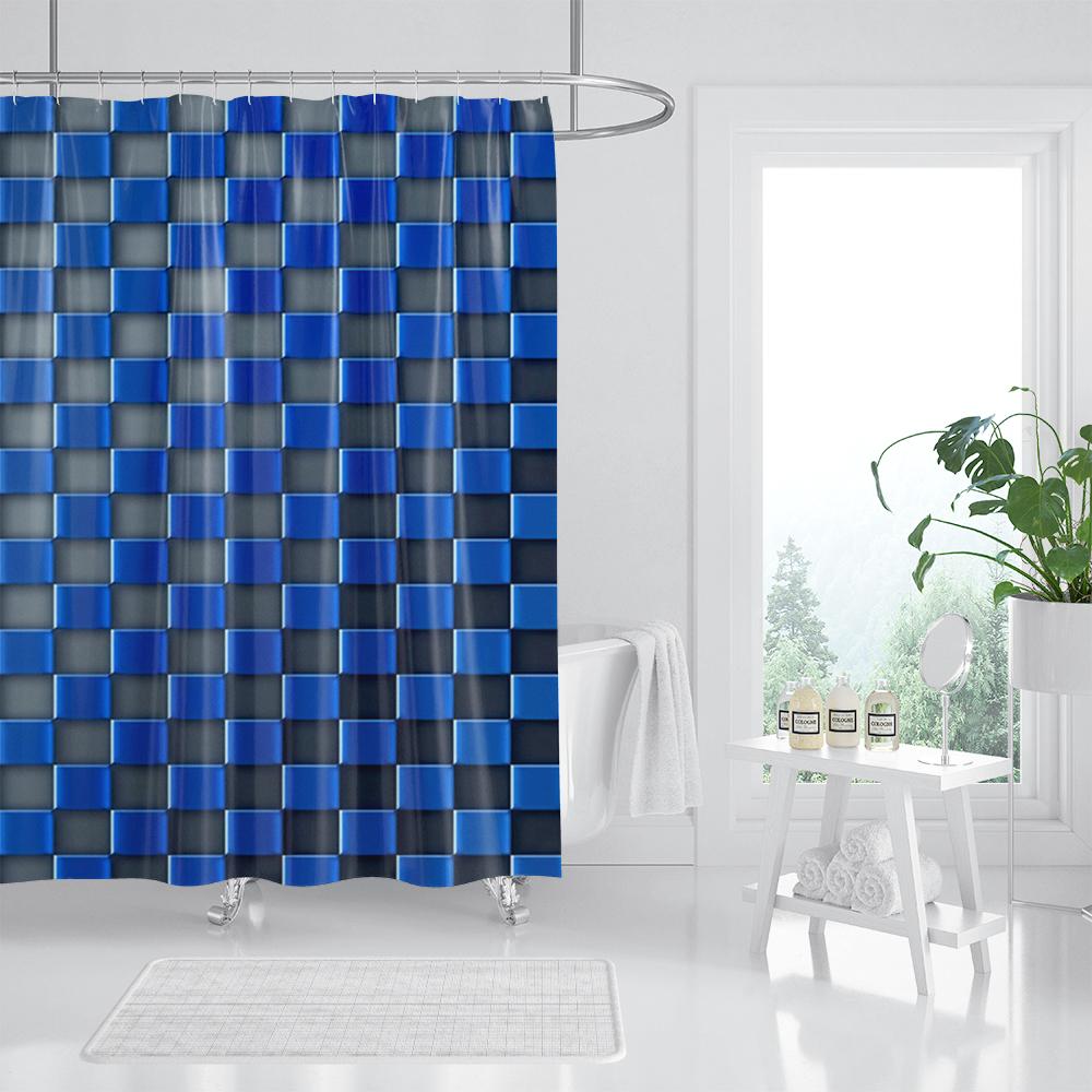 Blue Mosaic Pattern Shower Curtains Waterproof Polyester Bath Curtain Geometrical for Bathroom Home Decor Curtain with Hooks