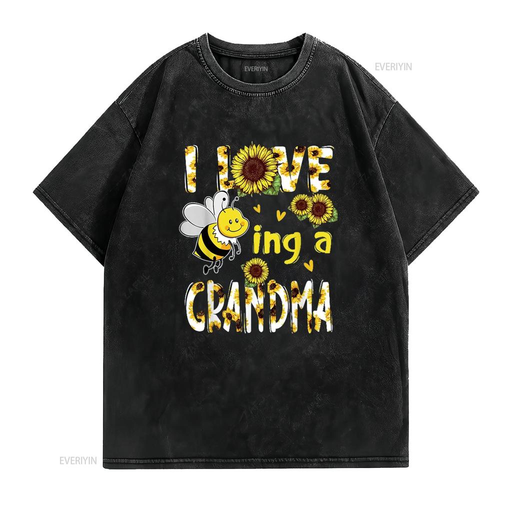 T Shirt for Women Mother s Day I Love Being A Grandma Sunflower Bee Casual Tops Black 2X Large vintage Washed Stretched
