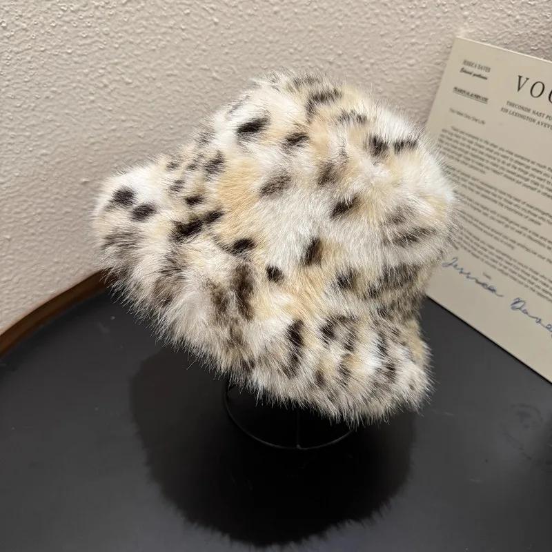 2025 Winter Puffy Faux Fur Bucket Hats Women Fashion Leopard Print Plush Sun Hats Thickened Warm Imitation Fur Panama