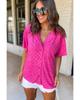 Bright Pink Lapel Neck Checkered Textured Short Sleeve Shirt
