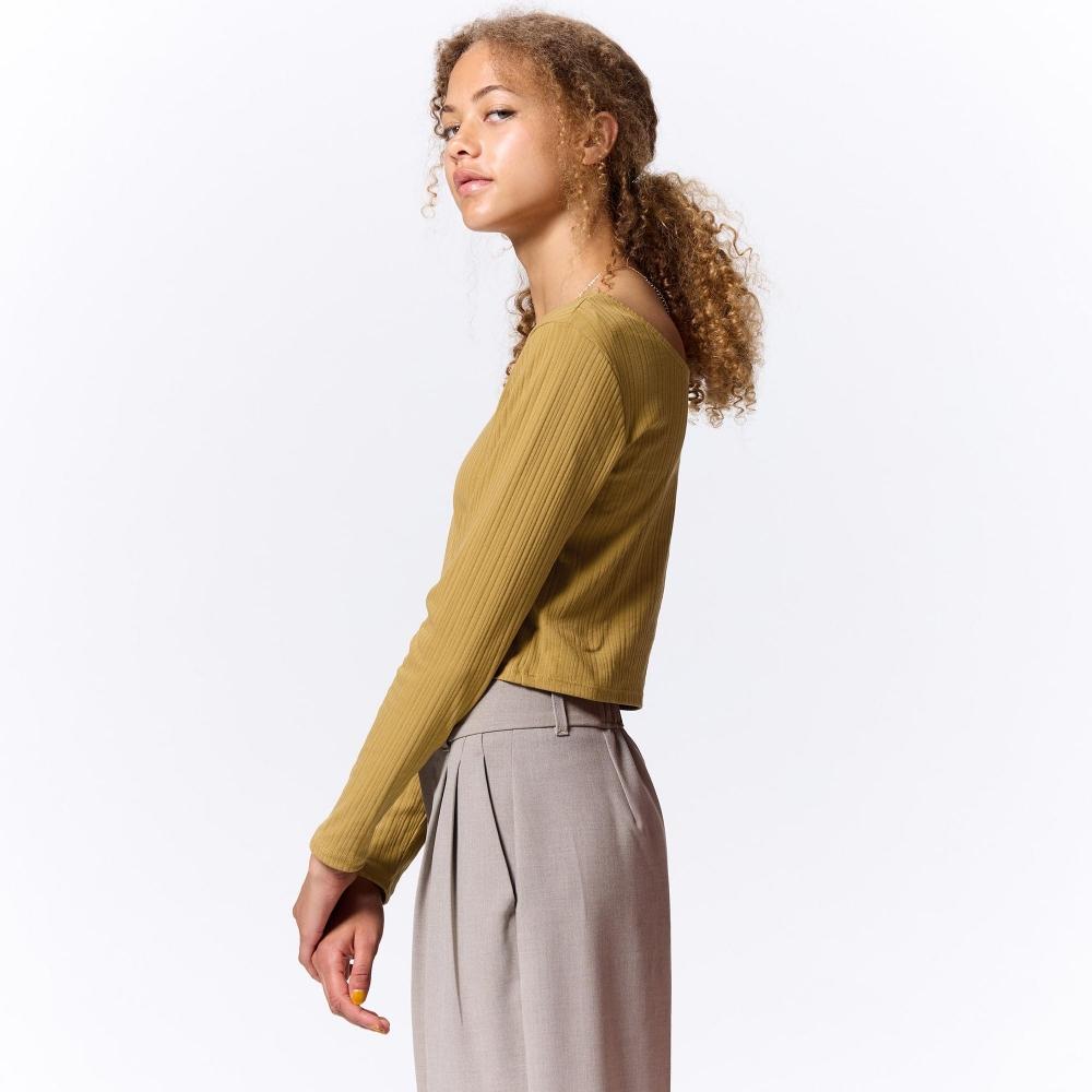 GU by Uniqlo Укороченная футболка из хлопковой смеси с широким вырезом и длинным рукавом, сухая 