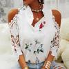 Fashion Women Floral Print Top Off Shoulder Lace Stitching Sleeve T-Shirt EMA