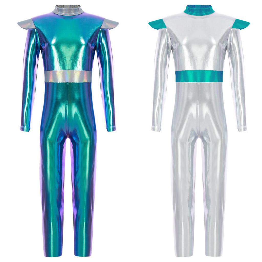 Girls Alien Cosplay Costume Space Astronaut Robot Jumpsuit Long Sleeve Shiny Metallic Bodysuit For Halloween Christmas Dress Up