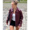 Casual Burgundy Jacket with Lapel Zip Single Pocket Coat Spring and Autumn Loose Motorcycle Vintage Overcoat Ladies Style Top