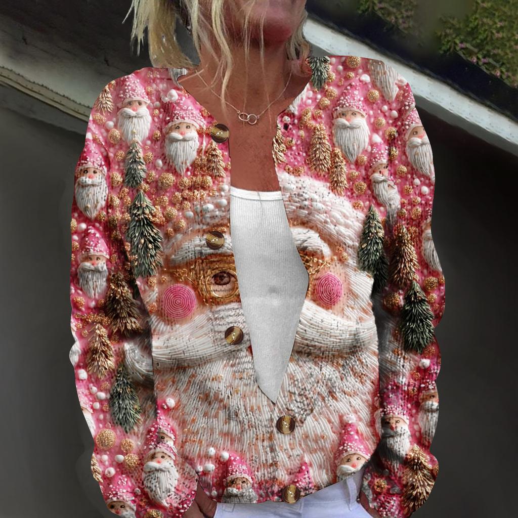 Women's Fashion Christmas Printed Long Sleeve Knitted Cardigan Button Down Jacket