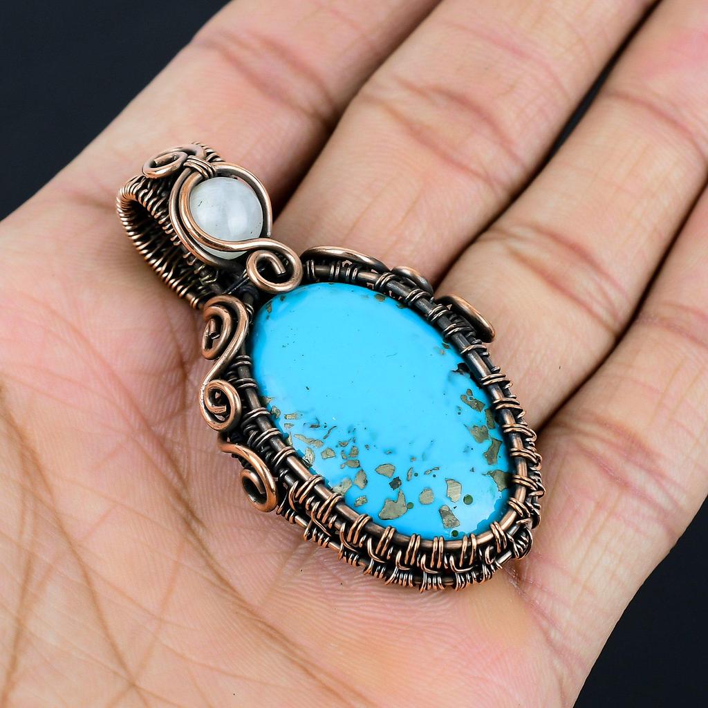 Turquoise & Moonstone Gemstone Handmade Pure Copper Wire Wrap Jewelry Pendant For Love