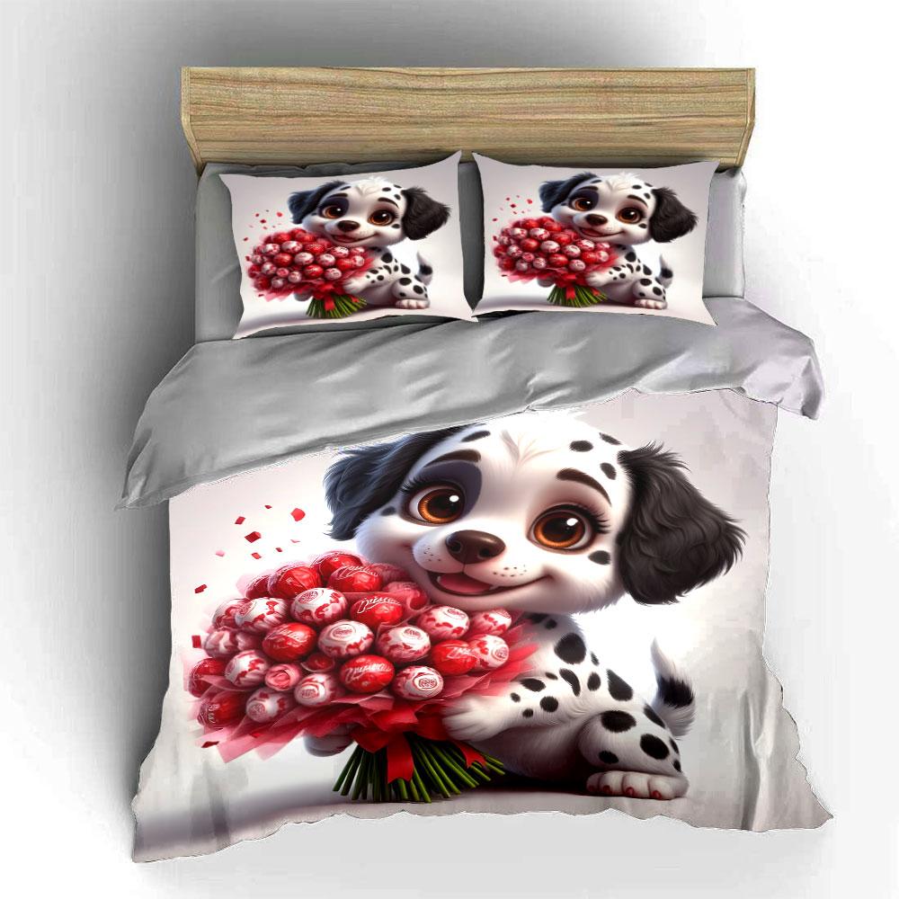 Cute Dalmatian with Candy Bouquet Bedding Duvet Cover Set (1*Duvet Cover 2*Pillowcases, without duvet insert)