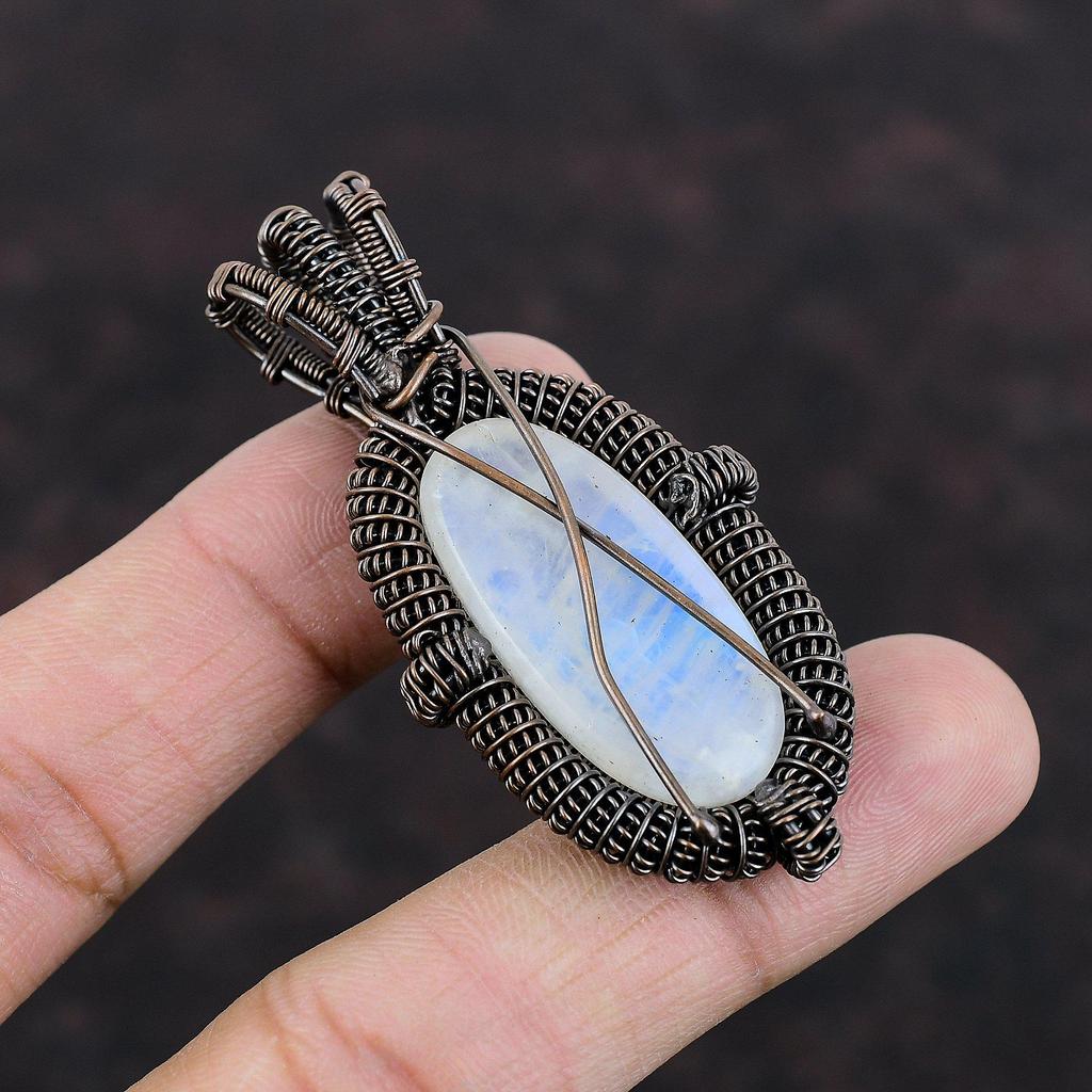 Радужный кулон с лунным камнем, медная проволока, кулон, ювелирные изделия из драгоценных камней высшего качества, кулон ручной работы, удивительный медный ювелирный кулон для подарка