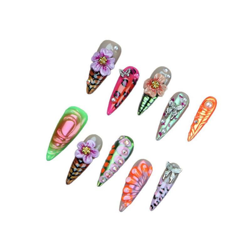 Press-On Nails Women - 3D Floral Butterfly Leopard Design Y2K Ins Style Acrylic Tips Long Stiletto False