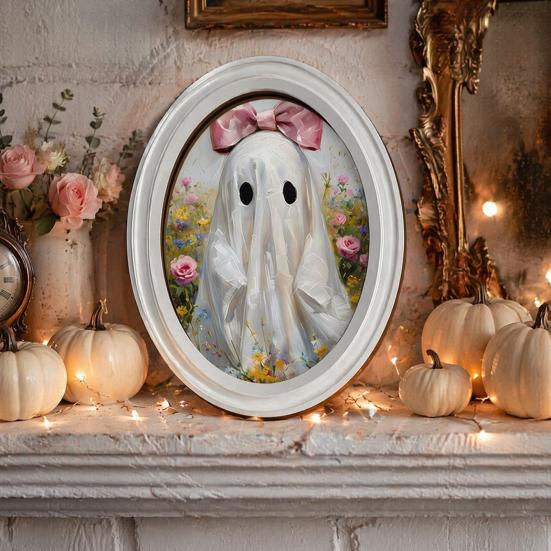 Halloween Home Decor Set Ghost Oval Photo Frame, Cute Table Sign, Decorative Framed Solid Wood Frame Picture, Creative Wall Art for Mantel Living Room