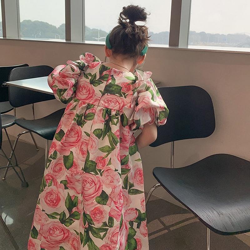 Платье для девочек с пышными рукавами и круглым вырезом, милое платье принцессы