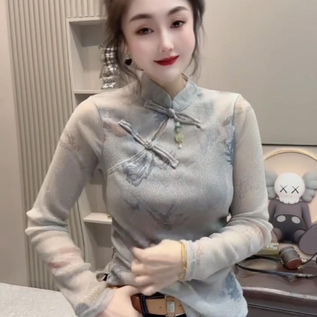 Весенний дизайн, стойка-воротник, футболка тай-дай, новая футболка с длинным рукавом, женская, приталенная, топ в новом китайском стиле