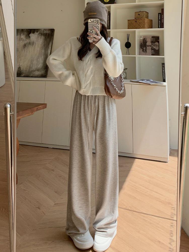 Женские темно-серые мягкие широкие брюки из клейкого риса - Весна/Осень Плюс бархат Теплые Повседневные Маленькие Длинные брюки.