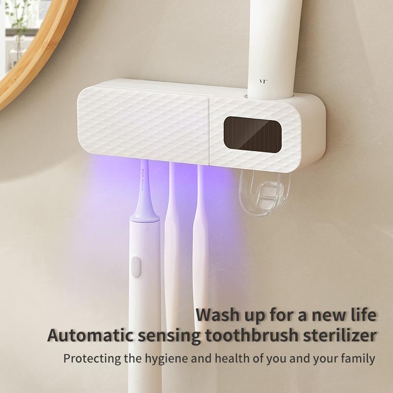 2-in-1 toothbrush holder with multi-functional toothpaste squeezer for air drying and disinfection, wall mounted bathroom withou
