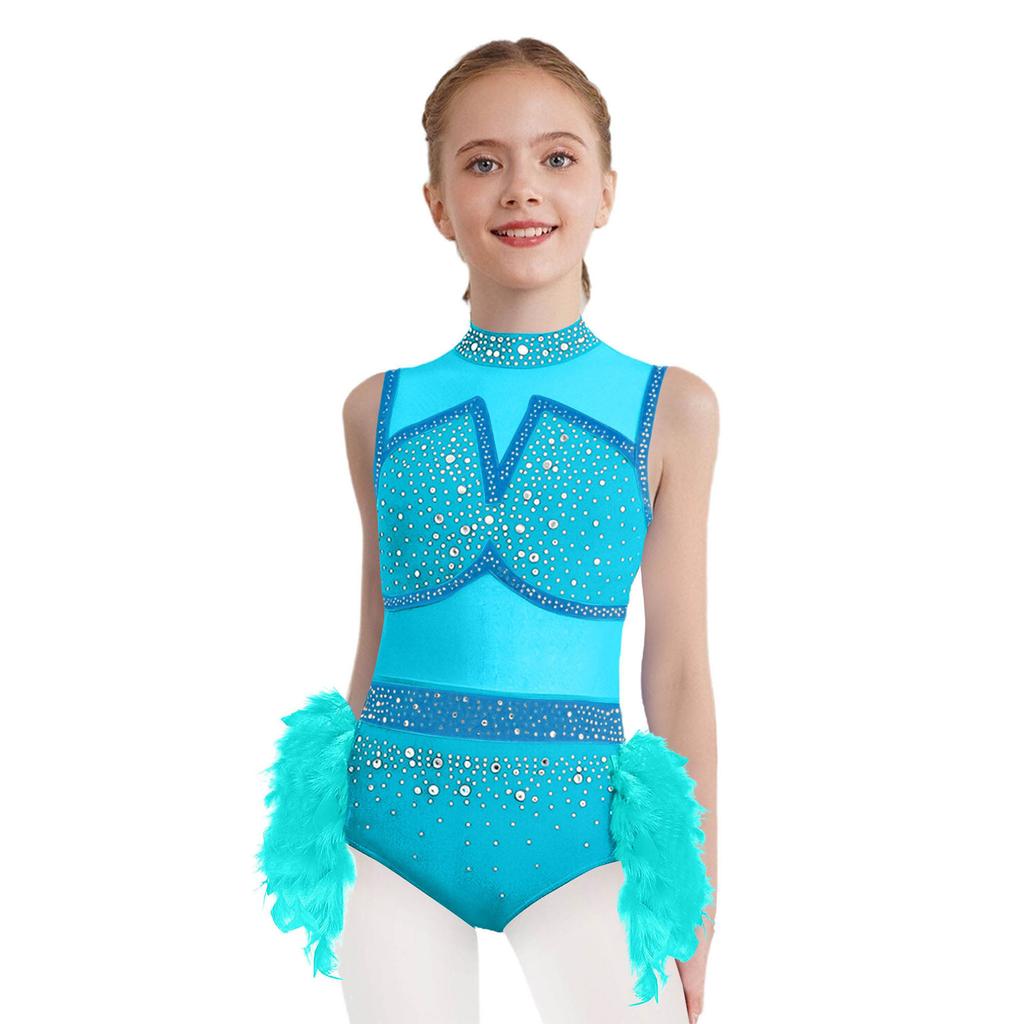 Girls Sleeveless Cutout Back Shiny Rhinestones Color Block Leotard Feather Skirt Jazz Latin Dance Performance Costume