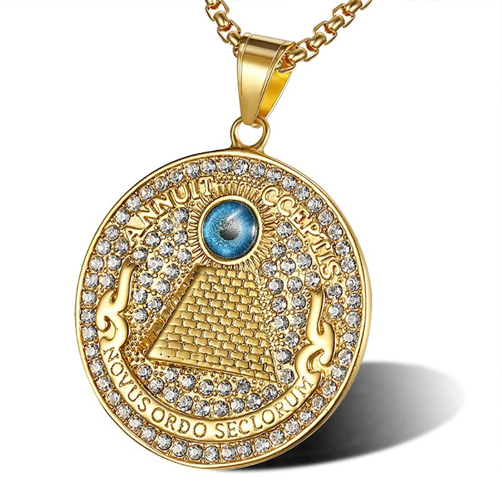 Ancient Egypt Pyramid All See Eye of Providence Pendant Gold Color Stainless Steel Round Necklace for Men Egyptian Jewelry Gift