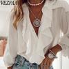 Женские модные повседневные весенне-осенние однотонные блузки и рубашки с v-образным вырезом и длинным рукавом с принтом