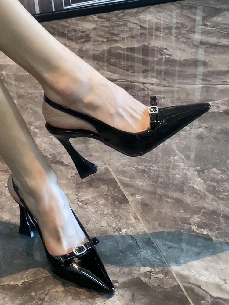 Burgundy Bow Buckle Rhinestone Sandals Horseshoe Heel Strap Sexy Celebrity High Heels