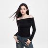 One-length Neck Off-shoulder Sexy Base Shirt for Women In Spring Outfit, Slim Design, French Long Sleeves
