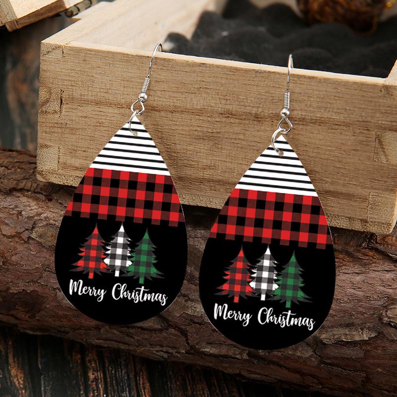 Patchwork Red Plaid & Striped Leather Christmas Tree Earrings